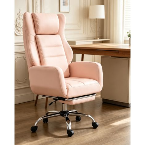 fauteuil de bureau ergonomique rose inclinable 90 à 135 degrés avec repose pieds télescopique accoudoirs rabattables chaise pivotante en cuir pu pour bureau maison (1/5)
