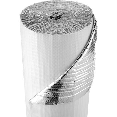 Isolant thermique réfléchissant, 30,48 x 1,22 m, rouleau d'isolation barrière radiante, 6 mm, feuille d'aluminium, double couche de bulles d'air et film PE blanc, pour porte de garage, fenêtre (1/5)