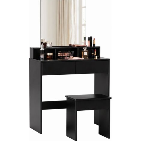 Coiffeuse avec miroir, 3 étagères, 2 tiroirs et tabouret, en bois, 75 x 38 x 135 cm, noire (1/5)