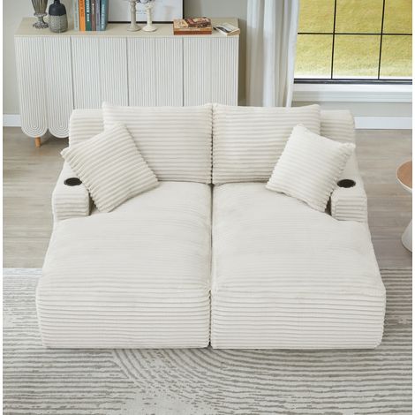 Divano doppia chaise longue beige in velluto a coste, per soggiorno, senza montaggio – MEUBLIV (1/5)