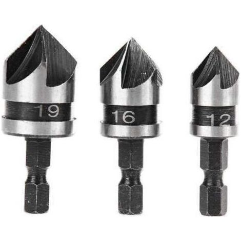 3pcs 90 Degrés 5 Flûte Fraises à Chanfreiner Set Pour Bois, Métal Changement Rapide 1/4" Hex Foret à Chanfreiner en Acier au Carbone Outil de Coupe de Chanfreinage de Bois 12/16/19mm (1/4)