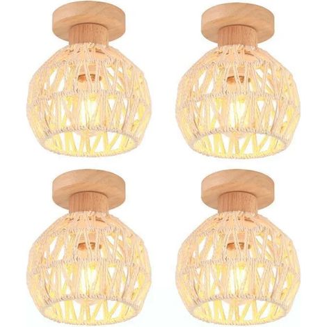 4pcs Plafonnier Industriel Lampe de Plafond en Rotin Blanc E27 Luminaire Lustre Vintage Abat-jour Cage pour Salon Chambre (1/5)