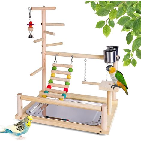 1 Aire de jeux pour oiseaux, Bois naturel, Avec échelle et balançoire, Perchoir lisse, Pour perruches et perroquets (1/5)