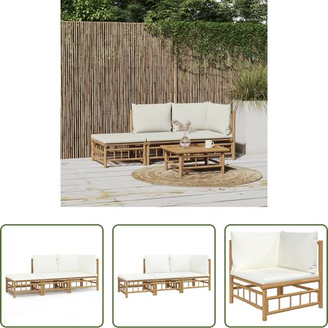Bambusmöbel -  3-tlg. Garten-Lounge-Set mit Kissen Creme Bambus (1/5)