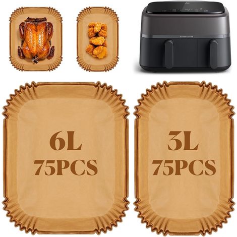 150 Stück Backpapier für Heißluftfritteusen der Philips Dual Basket Airfryer Serie 3000 (6 l/3 l, NA350) und Moulinex (5,2 l/3,1 l). Geeignet für große und kleine Doppelschubladen-Fritteusen.