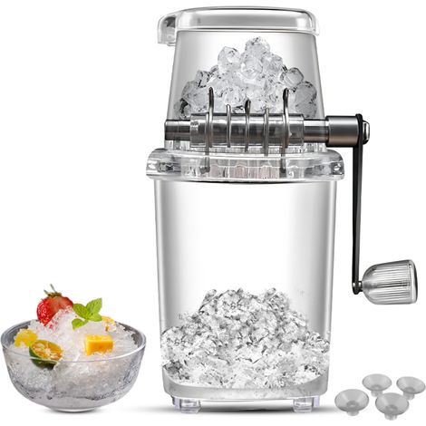 Trituradora de hielo manual, cuchillas de acero inoxidable y base con ventosa, transparente y libre de BPA. (1/5)