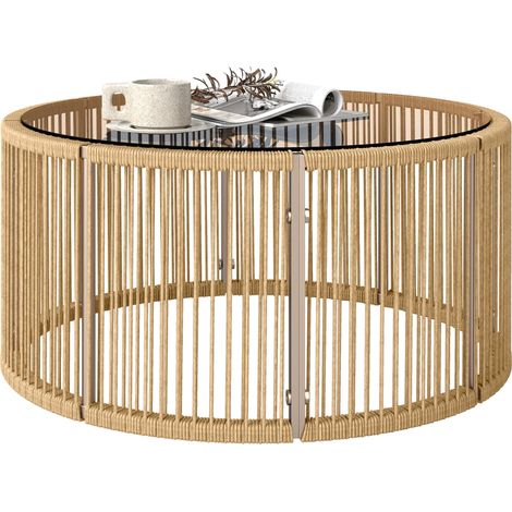 Table Basse de Jardin Ronde en Résine Tressée, Plateau en Verre Trempé et Cadre en Acier Galvanisé, 70x70x33cm, Marron