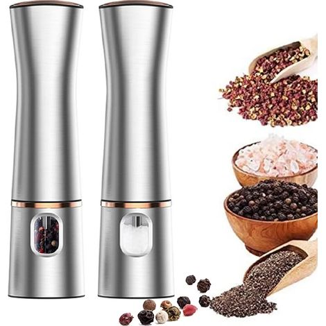Molinillo eléctrico de sal y pimienta (juego de 2 piezas), molinillo de especias ajustable, funciona con pilas, mecanismo de molienda de cerámica, Geschikt voor dry spices (1/5)
