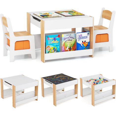 COSTWAY Kids Table & Chairs Set 4 in 1 Toddler Activity Table Playroom-Natural (1/5)