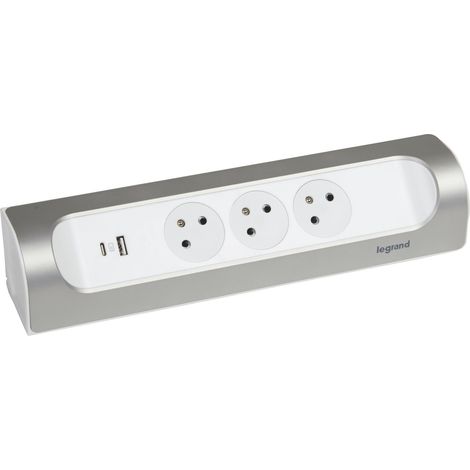 LEGRAND - Multiprise à installer dans angle avec 3 prises Surface avec terre et prise USB Type-A+ Type-C , sans cordon , à câbler - blanc et alu (1/5)