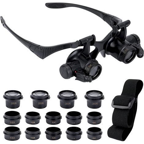 Vergrößerungsbrille mit 2 LED-Leuchten, 8 abnehmbaren Linsen, Kopfhalterung, Freihändige Vergrößerungsbrille für Reparaturen, Lesen, Schmuck, Uhren (2,5x 4x 6x 8x 10x 15x 20x 25x) (1/5)