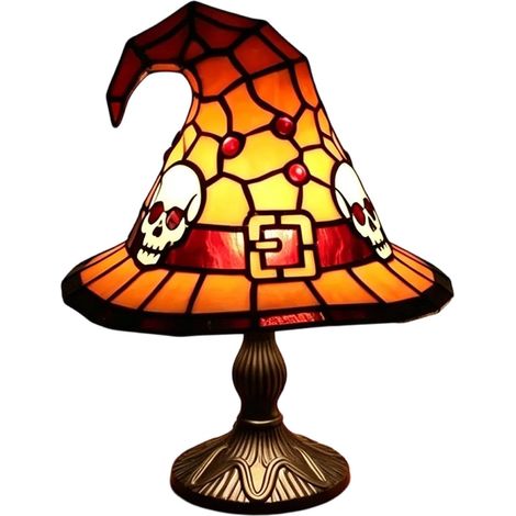 Lampe Chapeau de Sorcière Halloween Jaune en Style Vitrail, Veilleuse Décorative USB avec Motif Crâne, 20 cm (1/5)