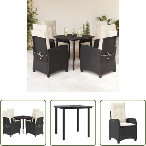 Gartentisch - 5-tlg. Garten-Essgruppe mit Kissen Schwarz Poly Rattan (1/5)