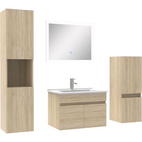Ensemble meuble vasque 60cm et colonne de rangement et miroir lumineux Chêne Wotan (1/5)