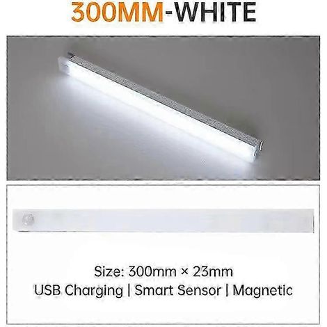 Veilleuse LED ultra-mince sans fil rechargeable par USB avec détecteur de mouvement pour armoire et placard de cuisine (10/20/30/50 cm) 300 mm blanc (1/5)