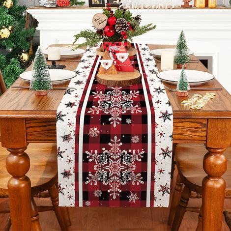 Chemin de Table de Noël Rouge en Lin, Flocons de Neige, 180 cm x 34 cm, Moderne, Décoration de Table (1/5)