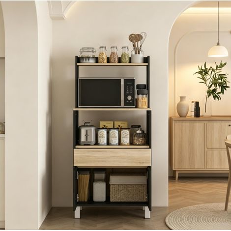 Meuble micro-ondes 60x40x131 cm en panneaux de bois noir, avec rangement pour cuisine FloraGrace (1/5)