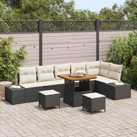 Conjunto de sofá de jardín 9 pcs Negro y crema 80 x 80 x 71 cm