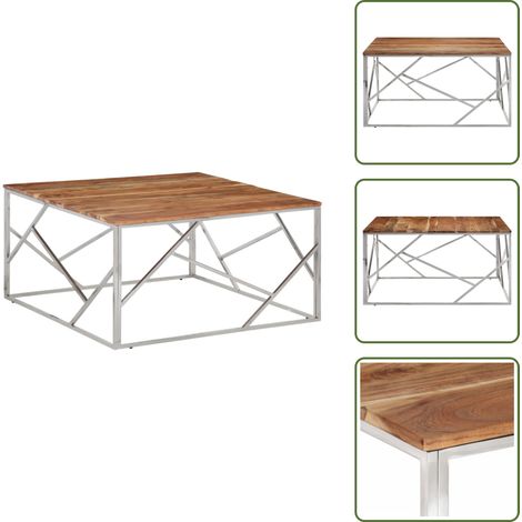 The Living Store Couchtisch Silbern Edelstahl und Massivholz Akazie - Couchtisch - Esszimmertisch - Wohnzimmertisch - Holztisch - Metalltisch (1/5)