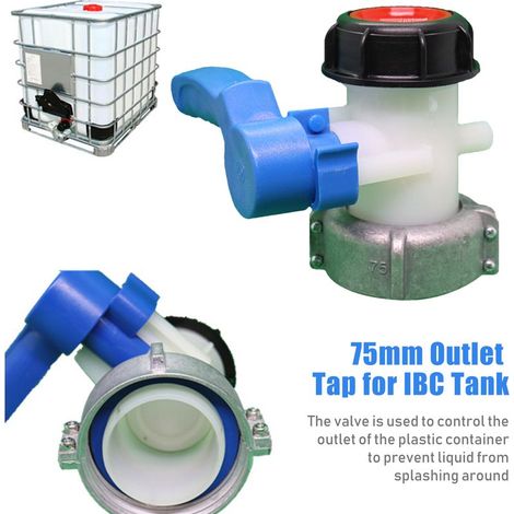 Robinet de sortie de 75 mm pour réservoir IBC, adaptateur de vidange, vanne d'arrêt, raccordement pour eau de pluie, huile, carburant et eau. (1/5)