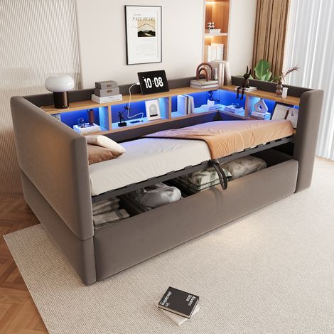 Canapé Lit 90x190 cm avec LED, prises, rangements et coffre hydraulique, structure métal, flanelle gris foncé (1/5)