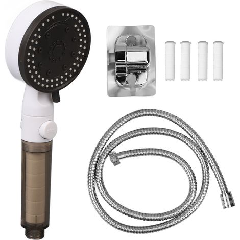 Multifunktionaler Duschkopf mit 10 Strahlarten, 1,5 m Schlauch mit Anti-Kalk-Filter, Doppelhakenhalterung und drehbarem Sockel, Silber (1/5)