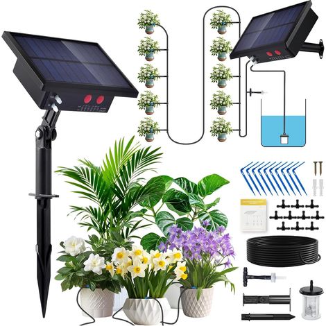 Système d'irrigation solaire automatique avec minuterie et tuyau de 10 m pour jardin, balcon et plantes d'extérieur. (1/5)
