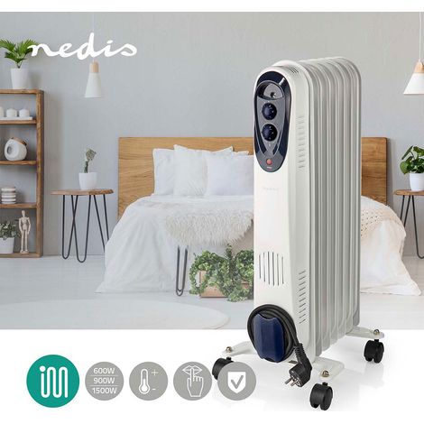 Elemento riscaldante mobile riscaldamento a olio Riscaldatore per radiatore con rulli, termostato di sicurezza, bianco, 3 livelli 600/900/1500 watt, LxAxP 24x62x31 cm, Nedis HTOI30WT7