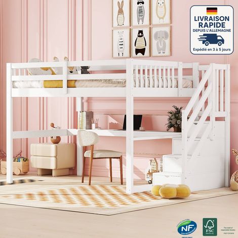 Cama alta 140x200cm, pino, cama infantil con escritorio, escalera con almacenaje, sin colchón, color blanco