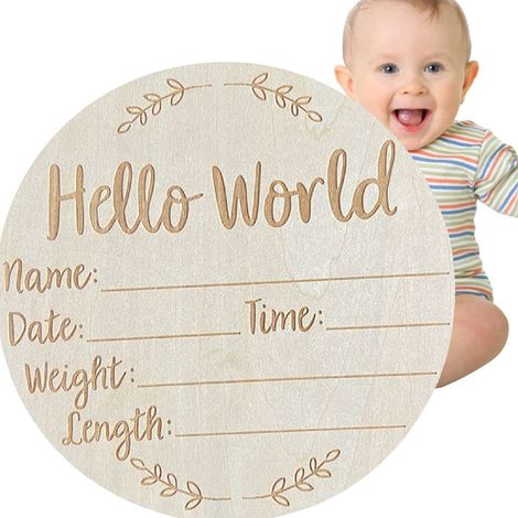 Plaque ronde de 15 cm pour annoncer une naissance, en bois de tilleul, avec la phrase « Hello World » pour la décoration de la chambre de bébé (L1). (1/5)