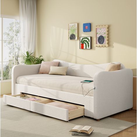 Letto singolo estraibile 90x200 cm beige in bouclé con 2 cassetti e porte USB/USB-C (1/5)