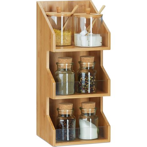 Organiseur en Bambou 3 casiers Compartiments Bureau Cuisine épices étagère boîte HxlxP: 41 x 18 x 17cm, Nature (1/5)
