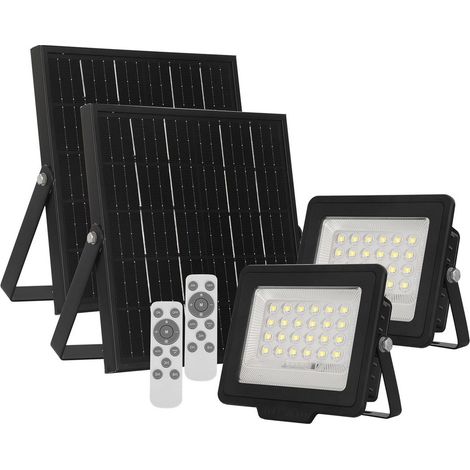Faro Led 60W Nero con pannello solare IP66 Bianco freddo 6500K Dimmerabile con telecomando e sensore crepuscolare confezione da 2pz Wisdom (1/5)