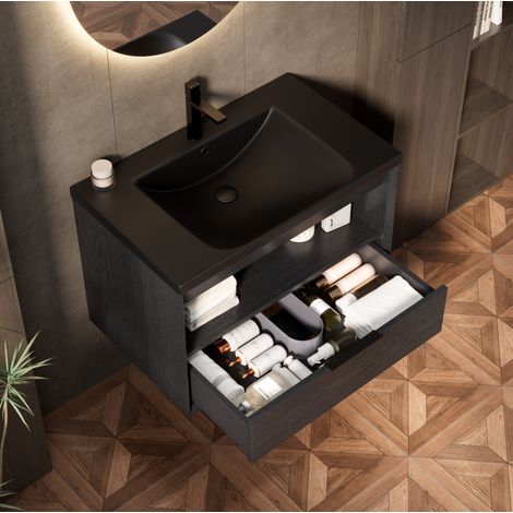 Mueble lavabo suspendido 75 cm con lavabo cerámico negro y cajón, roble oscuro (1/5)