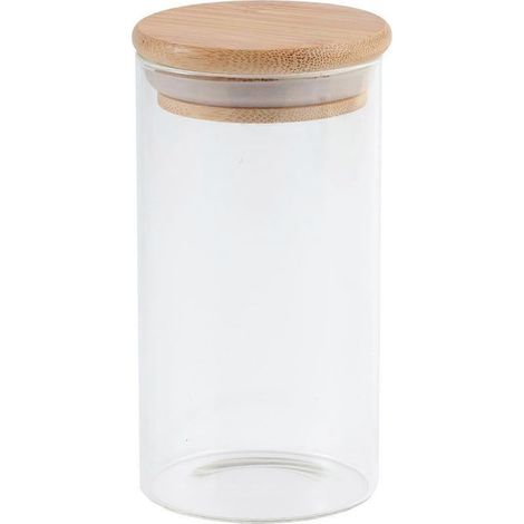 Bocal de rangement en verre transparent 300 ml avec couvercle en bambou, pot hermétique pour thé en vrac, café en grains, sucre, sel - dimensions 6,5 x 12 cm (1/3)