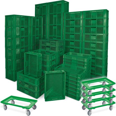 BRB 78 Stück Stapelkörbe/Bäckerkästen in 5 Größen, Grundmaß LxB 600x400 mm, H 90 mm, 150 mm, 240 mm, 320 mm, 410 mm, + 5x Transportroller grün (grün)