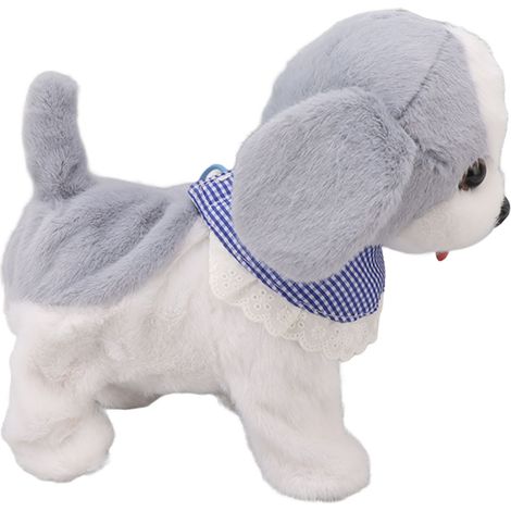 Chiot interactif en peluche électronique gris, qui marche et aboie, avec télécommande et laisse. (1/5)