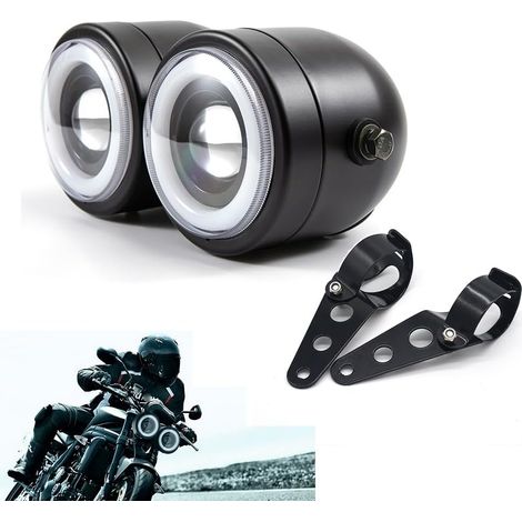 Assemblée de phare de moto LED double tête de lumière avant avec montage des supports, phare avant LED avec DRL haut/bas faisceau