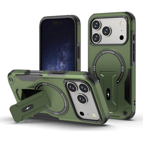 (Vert militaire, iPhone 15) Étui de protection magnétique résistant avec chargeur et support invisible pliable (1/4)