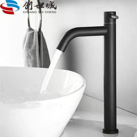 Cross-border trade single cold water faucet, 304 stainless steel, tall basin faucet, bathroom countertop washbasin faucet - black curved spout, tall style [copper core, copper rod]
