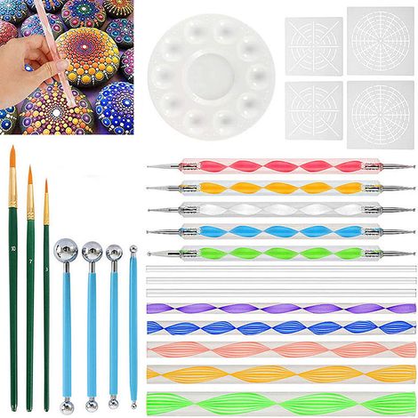 Ensemble de 25 outils à pointiller, kit complet avec pochoirs, stylets acryliques, pinceaux pour peinture sur pierre et mandala (1/5)