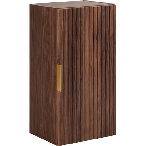 Colonne de salle de bain suspendu 35 cm, 1 porte, 3 étagères, Chêne Noyer, poignées dorées, 35 x 27 x 68 cm (1/5)
