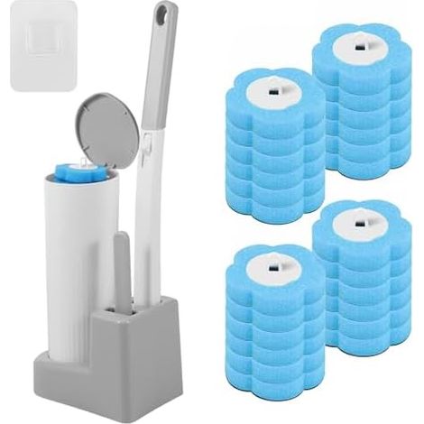 Toilet Brush Disposable Toilet Brush with 30 Cleaning Refills, Sponge, Toilet Rod Replacement Heads, with Holder for Washbasin, Bathtub (C) (1/5)