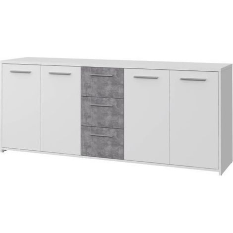 Les Tendances – Buffet bas 4 portes 3 tiroirs – Panneaux de particules blanc et gris béton – L 179 x P 42 x H 74,5 cm – Design moderne (1/10)