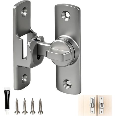 Verrou de Porte Coulissante Argent, 90/180° Serrure Intérieure en Alliage d’Aluminium, Loquet Stabilisé avec 4 Vis, Idéal pour Portes de Chambre, Salle de Bain, Balcon (1/5)