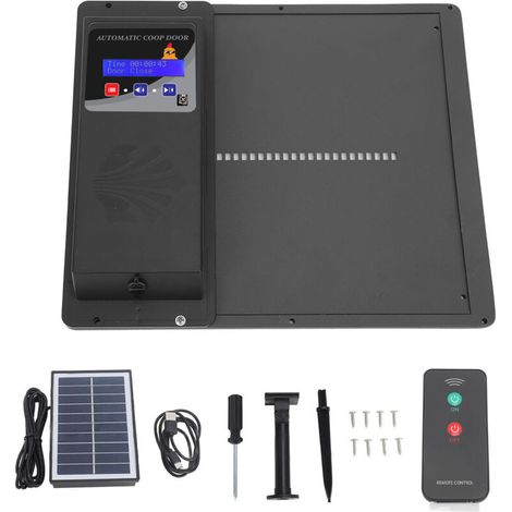 Ouvre-porte automatique de poulailler, programmable par USB, à énergie solaire, avec capteur de lumière, minuterie, télécommande pour maison et ferme, noir (1/5)