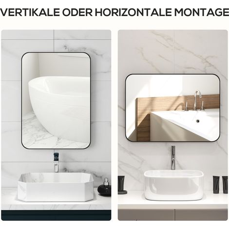 Miroir mural salle de bain, cadre métallique noir, 50x70 cm, film sécurité incassable, design moderne