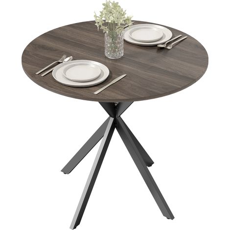 Table ronde 2 places en bois effet chêne, piètement croisé acier marron, mange-debout (1/5)
