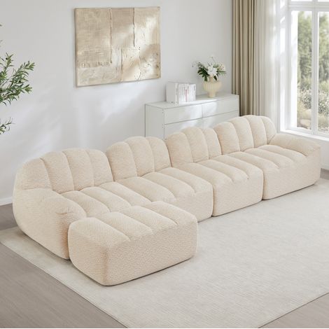 Sofá modular de 4 plazas con otomana, forma de concha, espuma 32D, tejido suave beige, OKWISH (1/5)