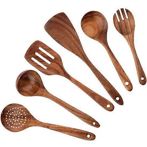 Ensemble de 6 ustensiles en bois, comprenant une cuillère à long manche et une spatule en noyer noir, batterie de cuisine antiadhésive résistante à la chaleur (1/5)